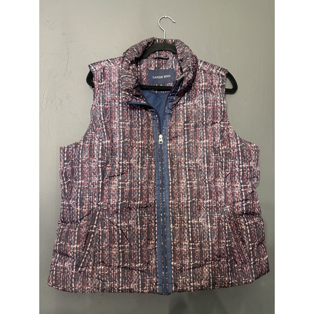 Lands End Puffer Vest Down Fill XL Blue Pink Plaid Quilted Winter Warm Zip Up